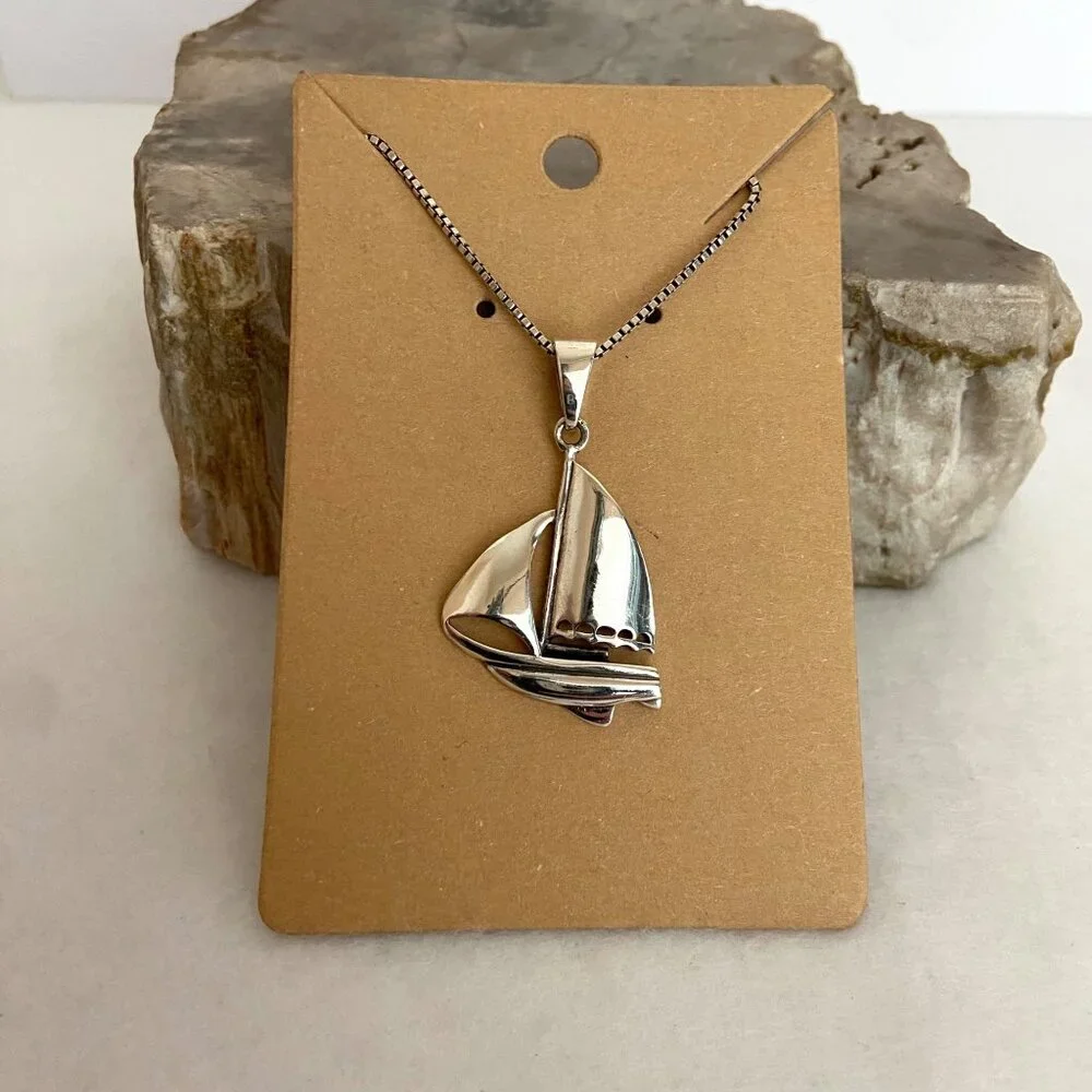 Sterling Silver 925 Unisex Sailboat Nautical Boat Pendant Necklace 20